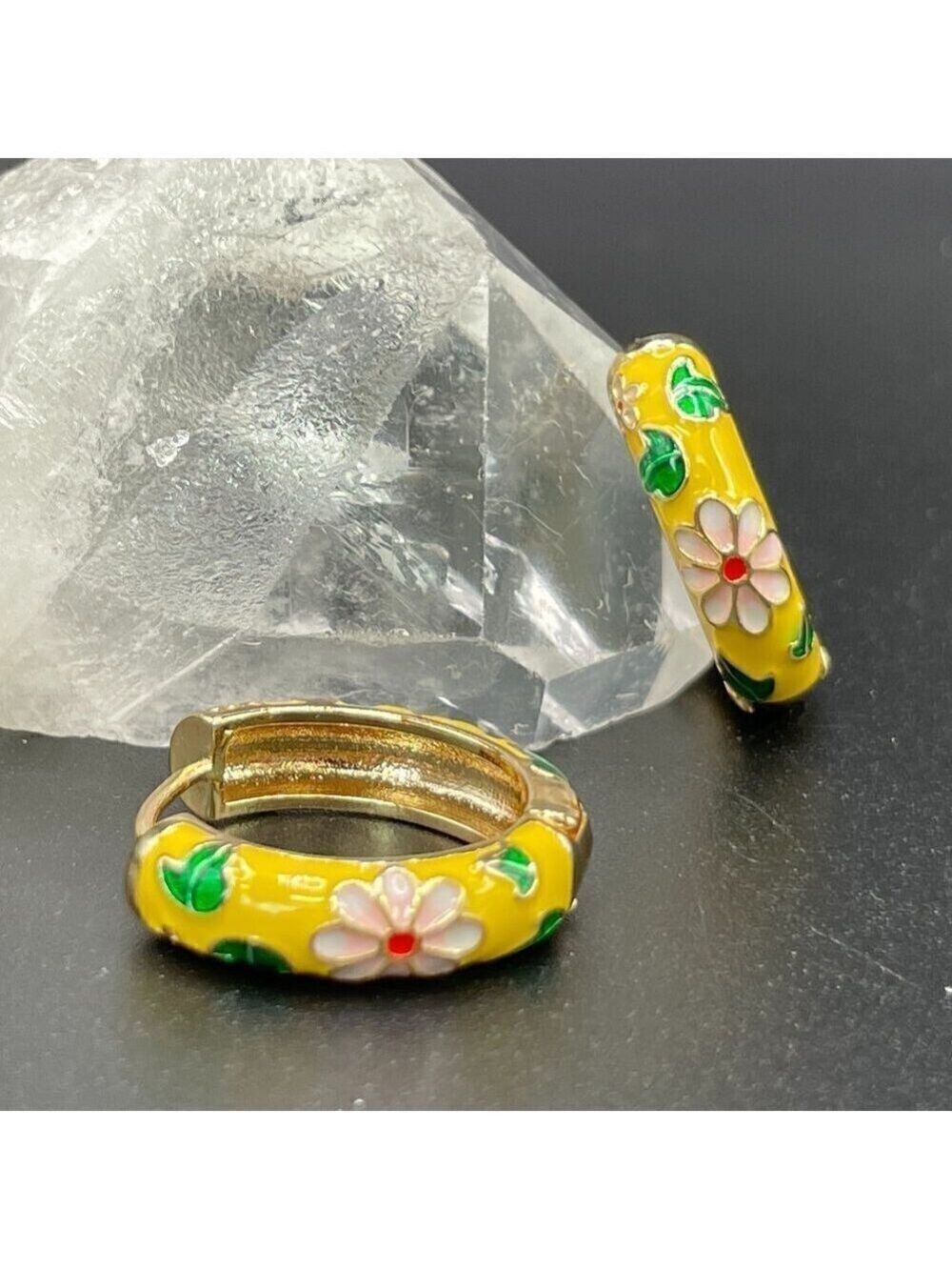 Yellow Floral Enamel Huggie Earrings #1352-YELLOW